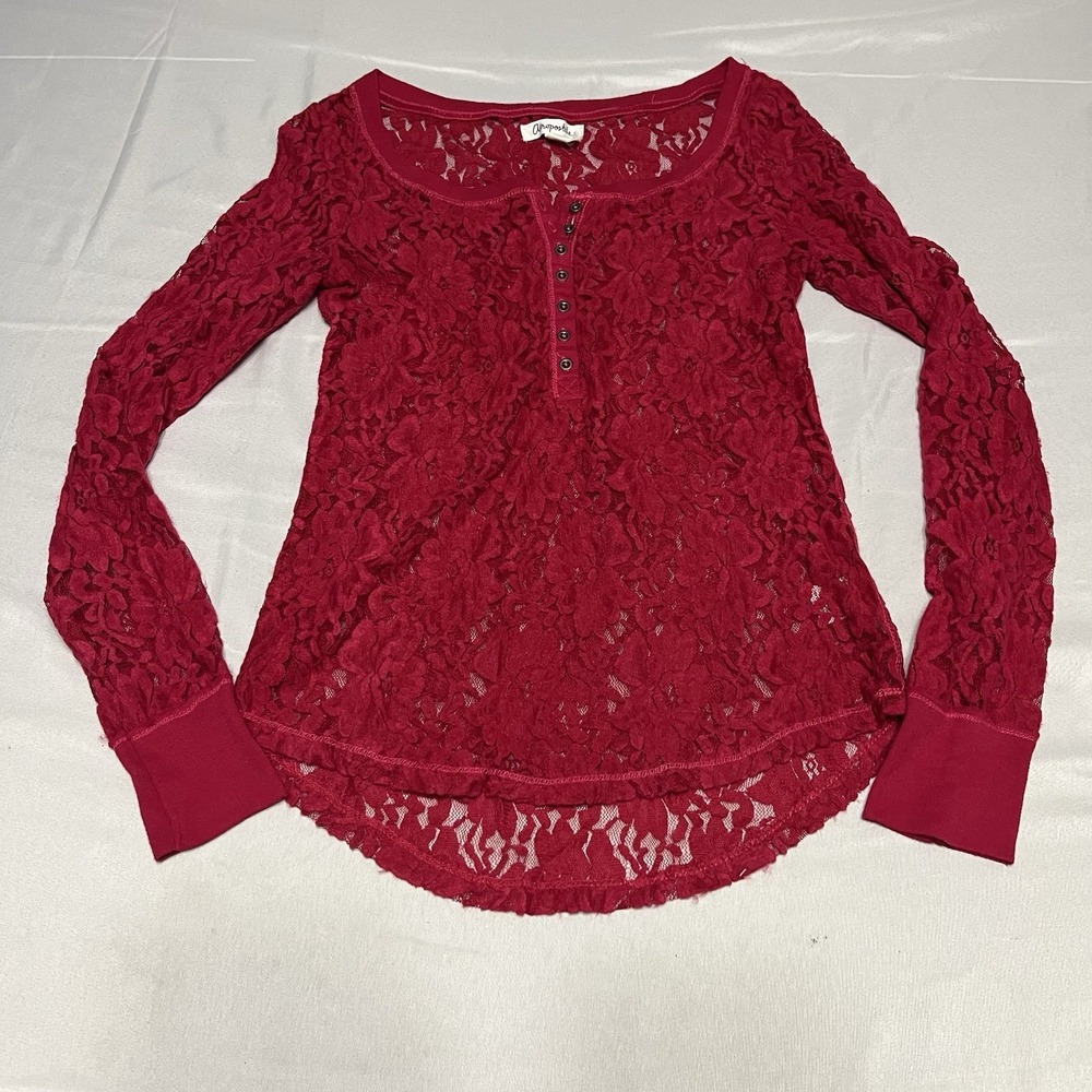 Y2K Aeropostale Henley Floral Lace Women's Small Red Pink Long Sleeve Babydoll
